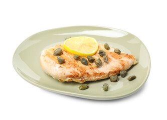 Delicious chicken fillet with capers and lemon isolated on white