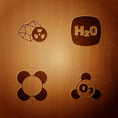 Set Ozone, Radioactive, Molecule and Chemical formula H2O on wooden background. Vector