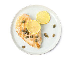Delicious chicken fillet with capers and lemon isolated on white, top view