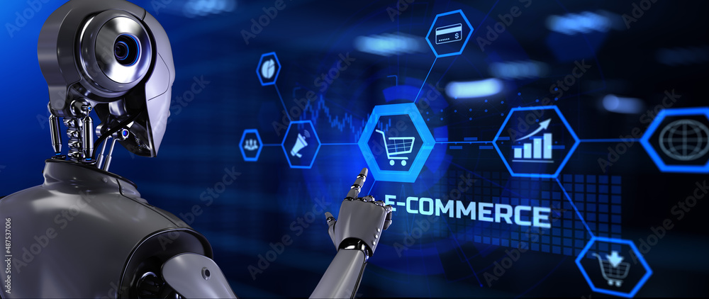 Poster e-commerce online shopping. robot pressing button on screen 3d render.