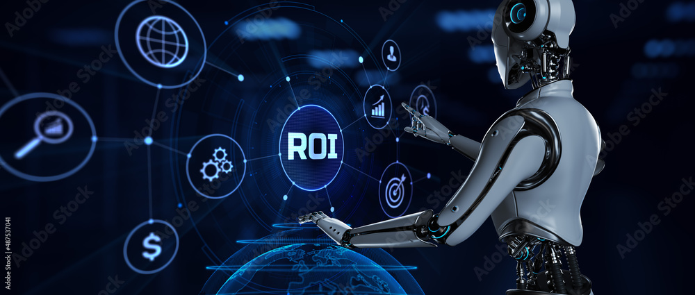 Poster roi return on investment. robot pressing virtual button 3d render illustration.