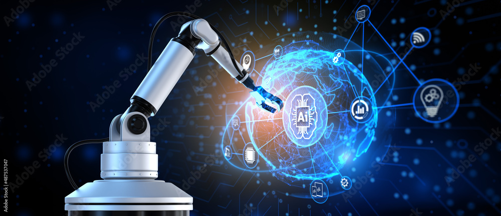 Poster ai artificial intelligence smart industry 4.0. cobot robotic arm 3d render.