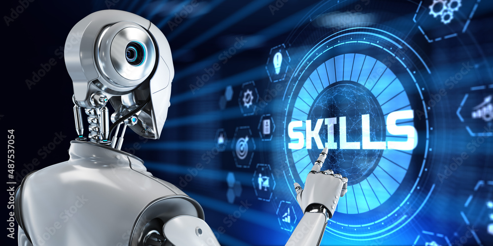 Aufkleber skills personal training development education concept. robot pressing button on screen. 3d render.