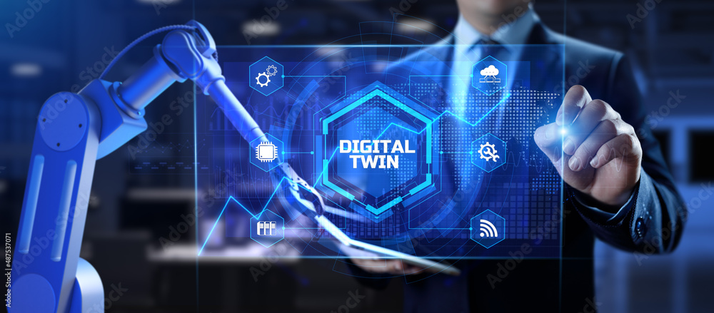 Poster digital twin industrial technology and manufacturing automation technology. 3d render cobot robotic 