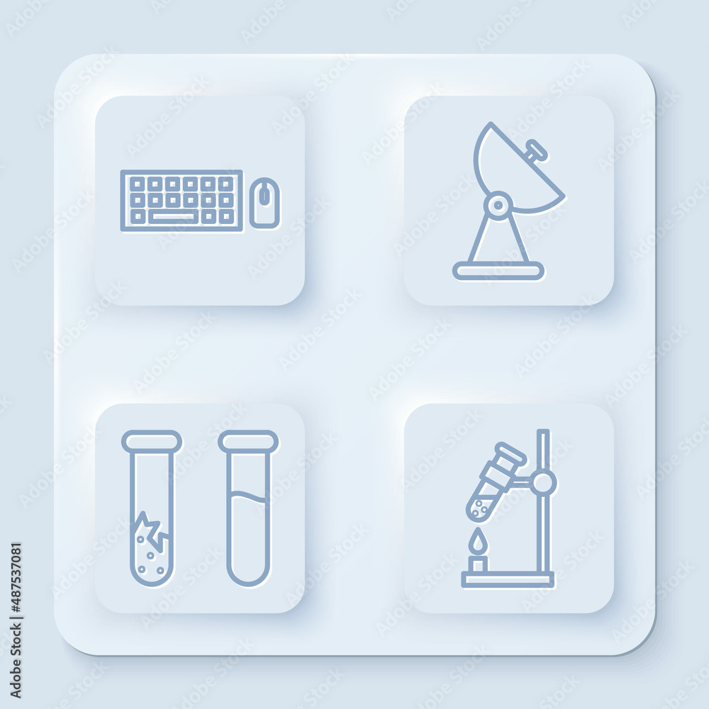 Aufkleber Set line Keyboard and mouse, Radar, Test tube and flask and Test tube flask on fire. White square button. Vector