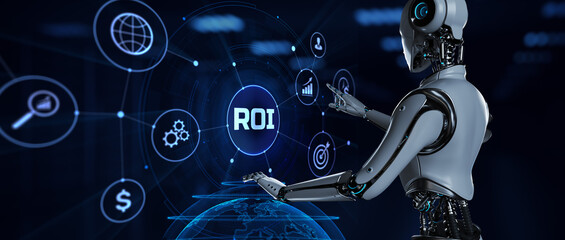 ROI Return on investment. Robot pressing virtual button 3d render illustration.