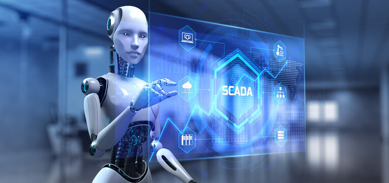 SCADA Supervisory control and data acquisition. Robot pressing button on screen 3d render.