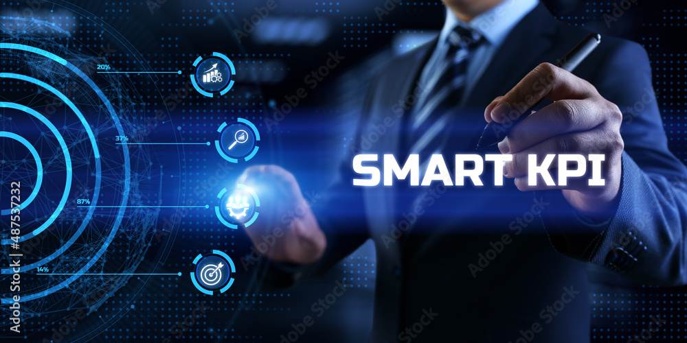 Poster smart kpi key performance indicator business technology concept on screen.