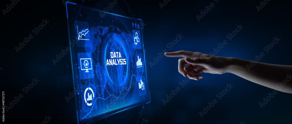 Poster data analysis analytics bi business intelligence concept. hand pressing button on screen.