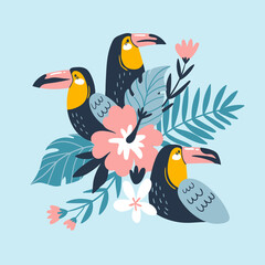 Obraz na płótnie Canvas Cute card with toucans and tropical flowers. Vector design element or print for t-shirt.