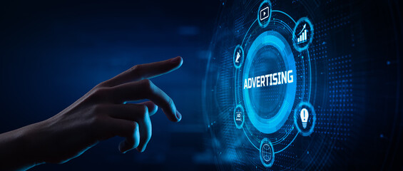 Advertising advertising online marketing strategy. Hand pressing button on screen.