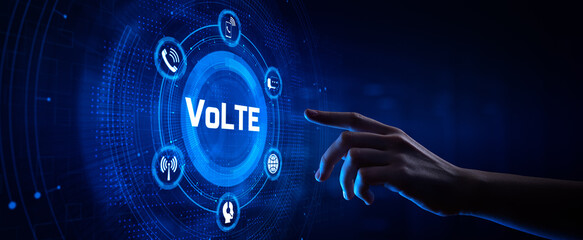 VoLTE Voice over LTE communication technology concept. Hand pressing button on screen.