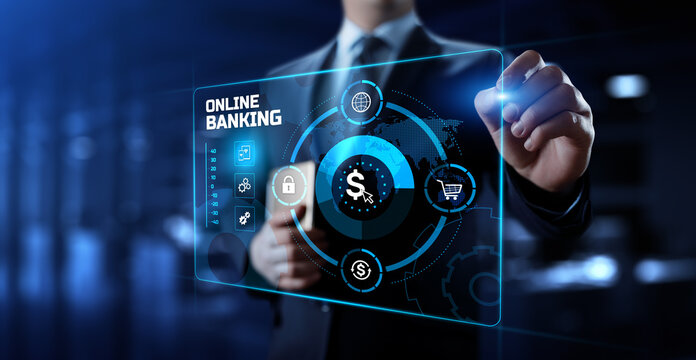 Online Banking E-banking Digital Finance Technology. Businessman Pressing Button On Screen.