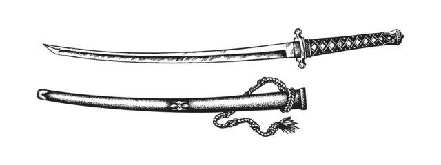 Samurai Warrior Katana Sword. Print or Tattoo Design. Hand Drawn Vector Illustration
