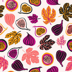 Stylized figs and leaves. Slices in a cut. Food seamless pattern. Stylish abstract fabric design.
