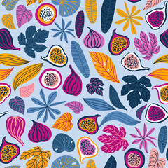 Seamless pattern with tropical leaves and fruits. Beautiful print with hand drawn exotic plants and figs. Fashion botanical fabric design. Vector illustration.