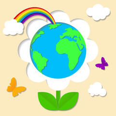 Paper cut card with globe, rainbow and butterflies on light background for Earth Day