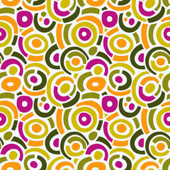 Abstract circular design in magenta and green colors. Vector seamless pattern.