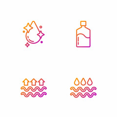 Set line Wave with water drop, Waves of and evaporation, Water and Big bottle clean. Gradient color icons. Vector