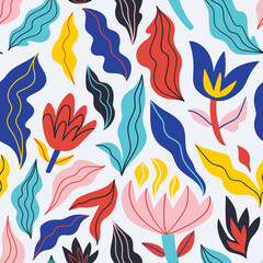 Vector abstract tropical flowers and plants in bright colors.  Vector seamless pattern. Funny design for fabric, wallpaper and  wrap paper.