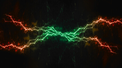 Green and orange lightning, plasma electrical background