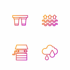Set line Cloud with rain, Well bucket, Water filter and Waves of water and evaporation. Gradient color icons. Vector