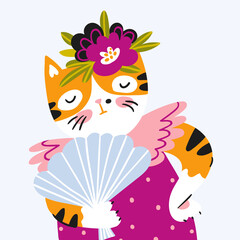 Kitty in a dress with a fan. Vector illustration. Funny kids print design.