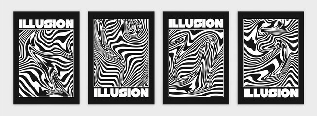 Collection of modern abstract posters with optical illusion. In techno style, psychedelic design, prints for T-shirts and hoodies. Isolated on black background - obrazy, fototapety, plakaty