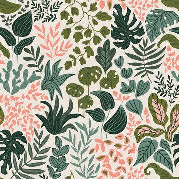 Greenery seamless pattern in hand-drawn style. Vector repeating background with tropical leaves and plants in green and pink colors.