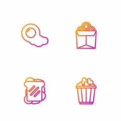 Set line Popcorn in box, Sandwich, Scrambled eggs and Noodles. Gradient color icons. Vector