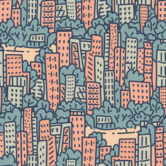 City metropolis in a doodle style seamless vector pattern. vector building landscape illustration