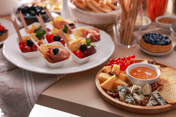 Dishes with different food on table. Luxury brunch