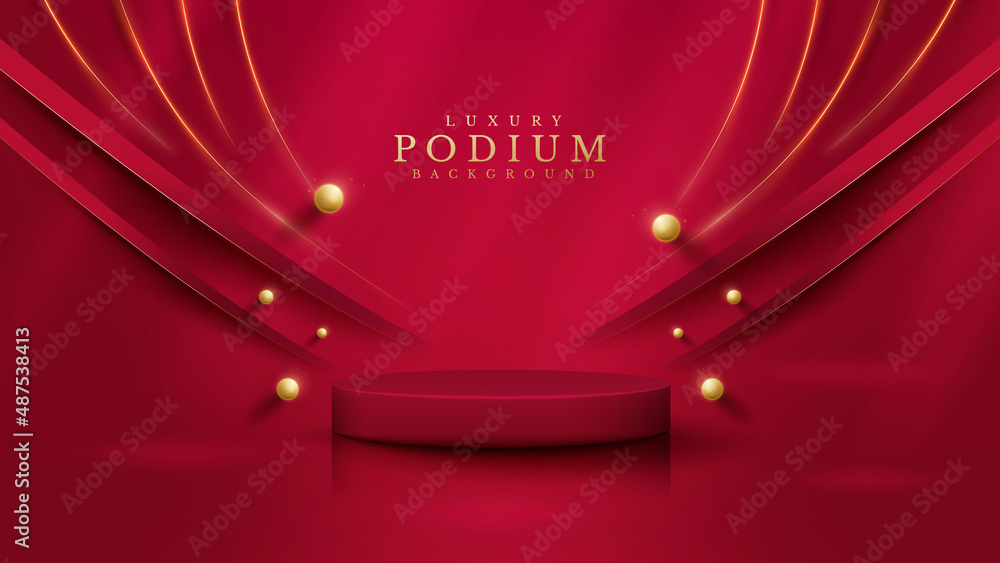 Wall mural red product display podium with golden curve line and 3d ball elements with bokeh decoration and gli