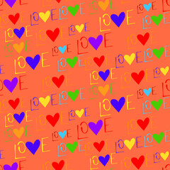Vector seamless love symbol half-drop pattern, with stylish hearts and word 