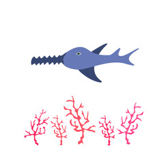 Cartoon sawfish and corals on a white background vector illustration