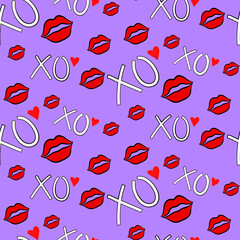 Vector seamless love symbol half-drop pattern, with stylish hearts and xoxo (hugs and kisses) phrase
