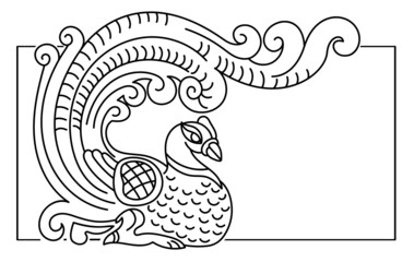 Fairytale bird with frame and space for text. Linear vector drawing.