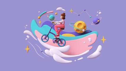 Naklejka premium Kawaii funny girl wears pink overalls rides bicycle up on white clouds in space on lilac backdrop, floating purple turquoise clouds, stars, planets, yellow moon. Minimal art, moving forward. 3d render