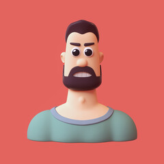 Portrait of a young handsome angry brunette man with a beard, mustache, trendy hairstyle, white teeth wears casual blue sweater. Avatar face and shoulders. Minimal art style. 3d render on red backdrop