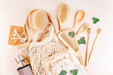 Plastic-free concept.Items for hygiene and face and body care made of eco-friendly materials.Personal care products made from natural materials.Flat lay of personal care zero waste supplies.