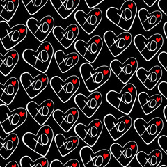Vector seamless love symbol half-drop pattern, with stylish hearts and xoxo (hugs and kisses) phrase