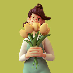 Portrait of cute casual brunette girl in glasses wears green overalls, white t-shirt smelling a bouquet of yellow tulips. Florist holds fresh flowers in her hands. International Women's Day. 3d render