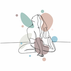Continuous one simple single abstract line drawing of beautiful girl doing stretching icon in silhouette on a white background. Linear stylized.
