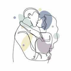 Continuous one simple single abstract line drawing of beautiful people in love icon in silhouette on a white background. Linear stylized.