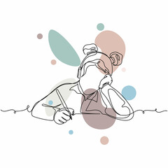 Continuous one simple single abstract line drawing of female child writing homework with pencil icon in silhouette on a white background. Linear stylized.