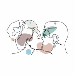 Continuous one simple single abstract line drawing of happy kissing woman and husband icon in silhouette on a white background. Linear stylized.