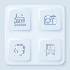Set line Retro typewriter, Photo camera, Headphones and Tetris. White square button. Vector