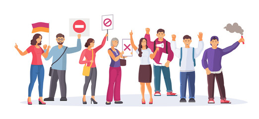 Crowd of protesting people demonstration, are holding placards on strike