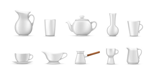 Empty white ceramic, porcelain tableware set vector