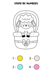 Color cute Easter sheep by numbers. Worksheet for kids.